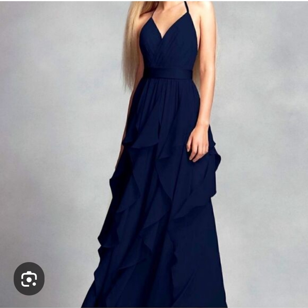 Vera Wang Marine Blue cascading  Chiffon Halter Dress 10
